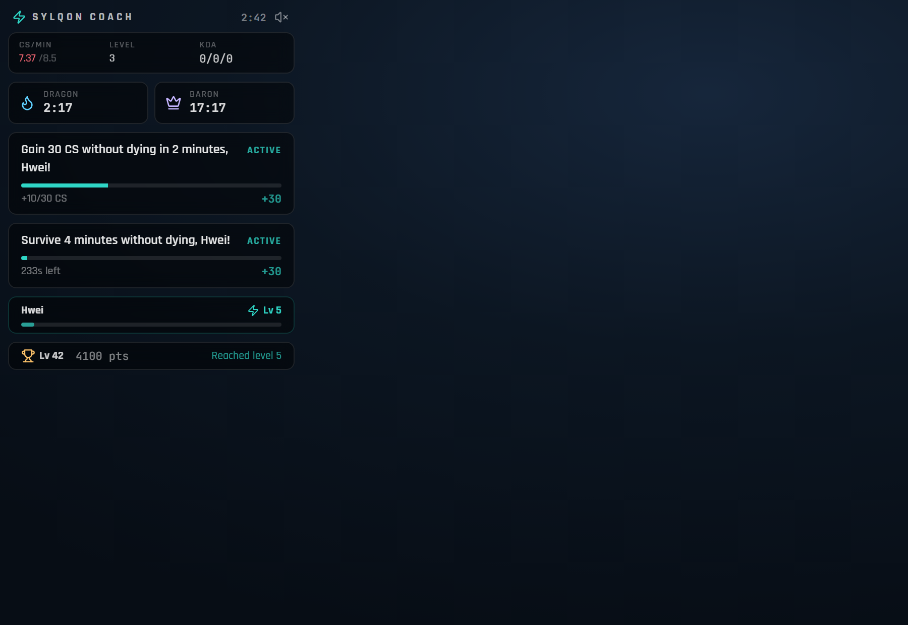 Sylqon's read-only in-game overlay: live CS-per-minute, level and KDA, dragon and baron respawn timers, two active role-aware missions, and champion mastery progression.